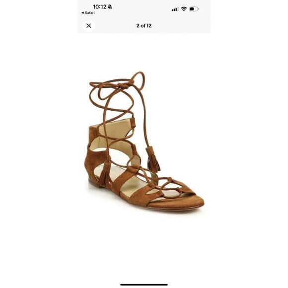 STUART WEITZMAN ROMANFLAT TIE STRAPPY GLADIATOR AMARETTO SUEDE SANDAL SZ 10 NEW - Picture 1 of 8
